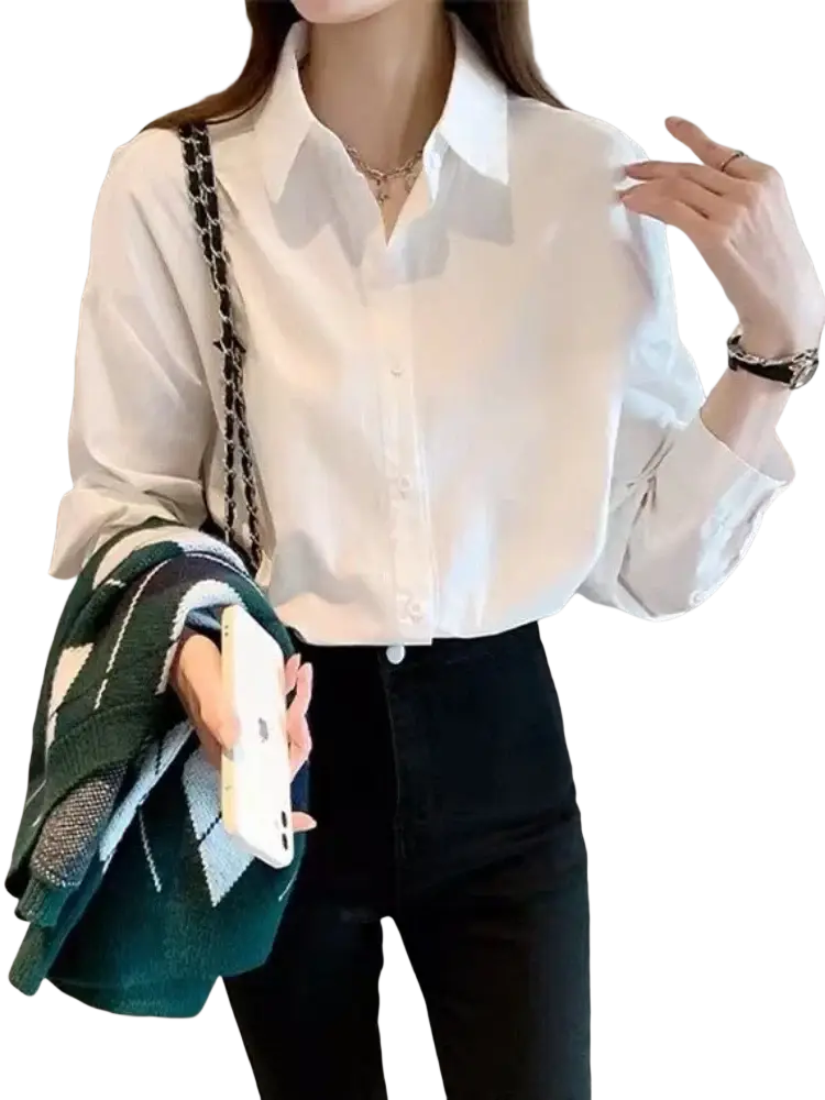 Solid white basic shirt oversized casual button up blouse with long sleeves classic collar and subtle texture