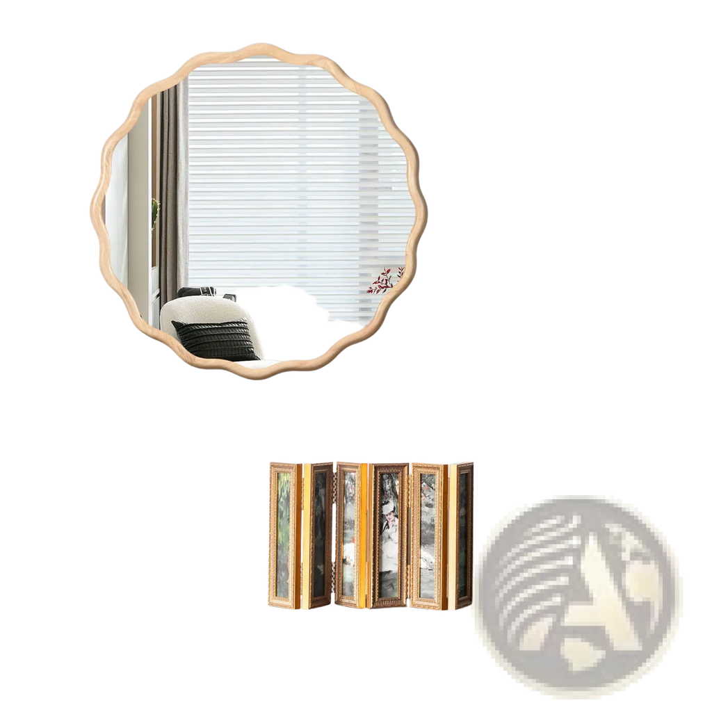 A light wood framed scalloped edge solid wood wavy mirror with a smooth finish 31 inch round decor