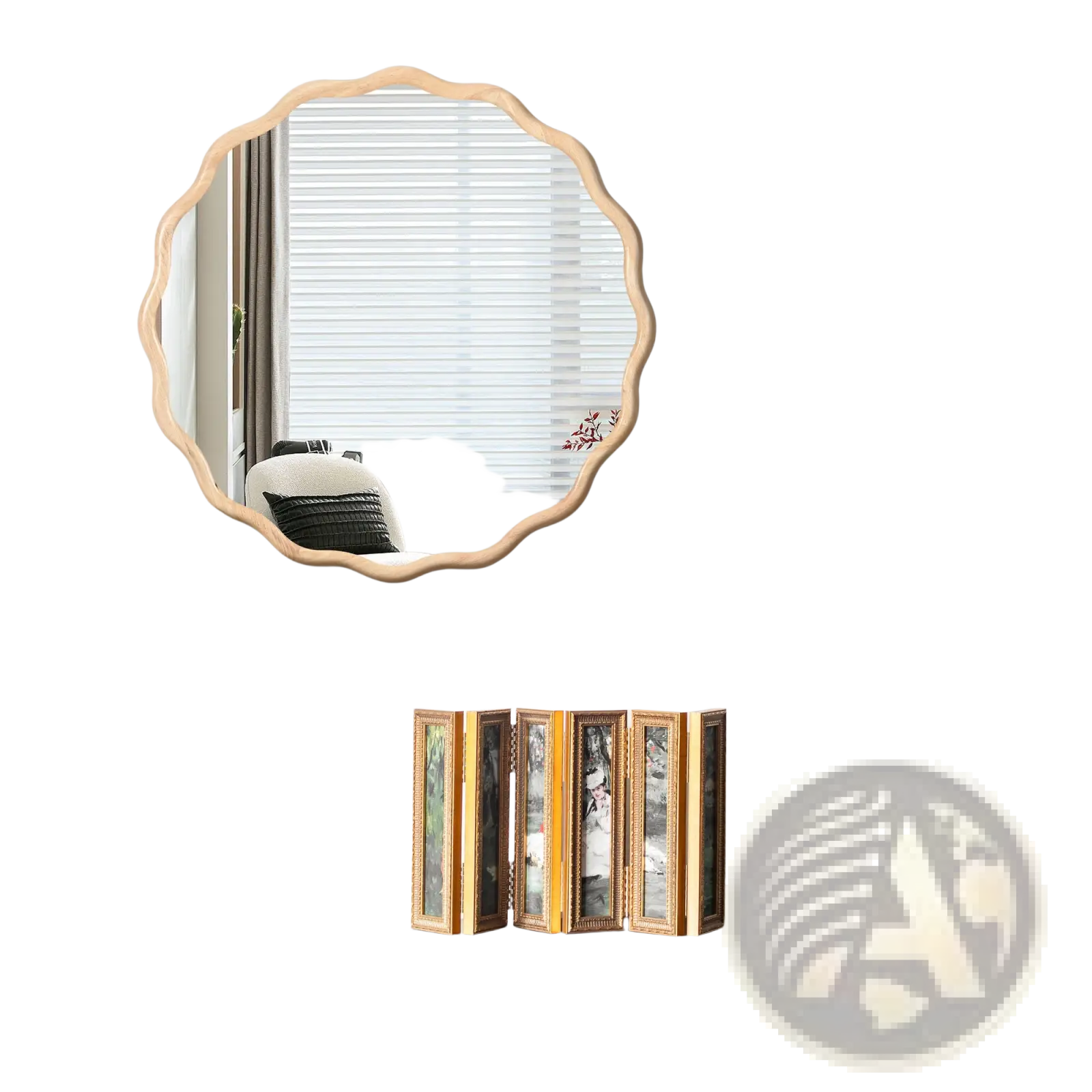 A light wood framed scalloped edge solid wood wavy mirror with a smooth finish 31 inch round decor