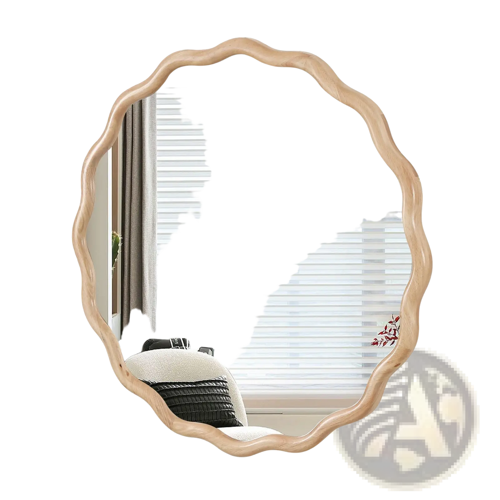 A light wood-framed solid wood wavy mirror with a 31 inch scalloped oval edge for decorative use