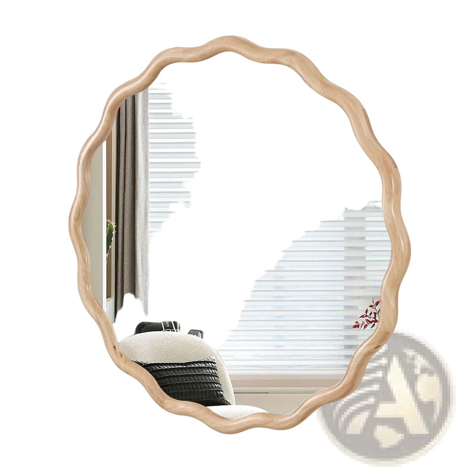 A light wood-framed solid wood wavy mirror with a 31 inch scalloped oval edge for decorative use