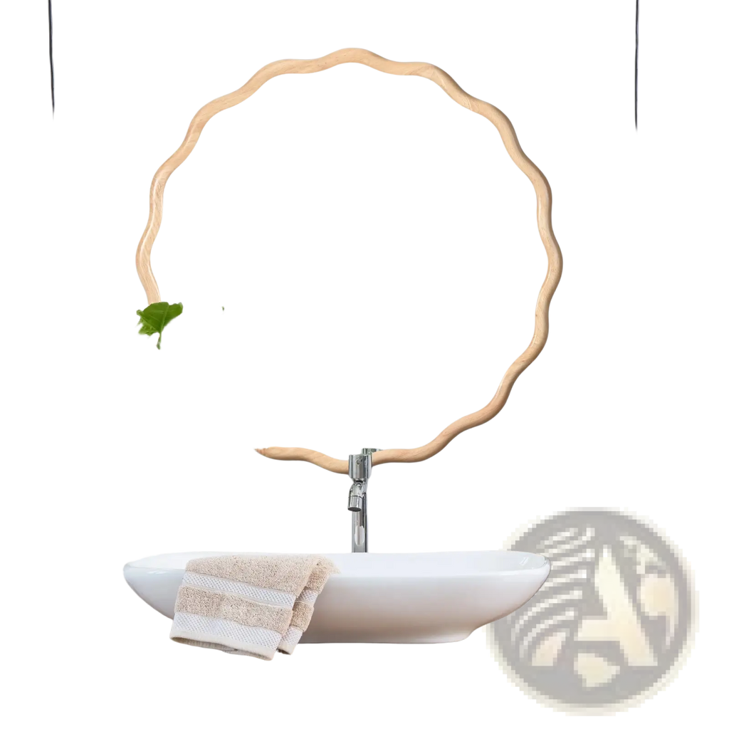 A solid wood wavy mirror with a scalloped edge and light wood frame measuring 31 inches in diameter