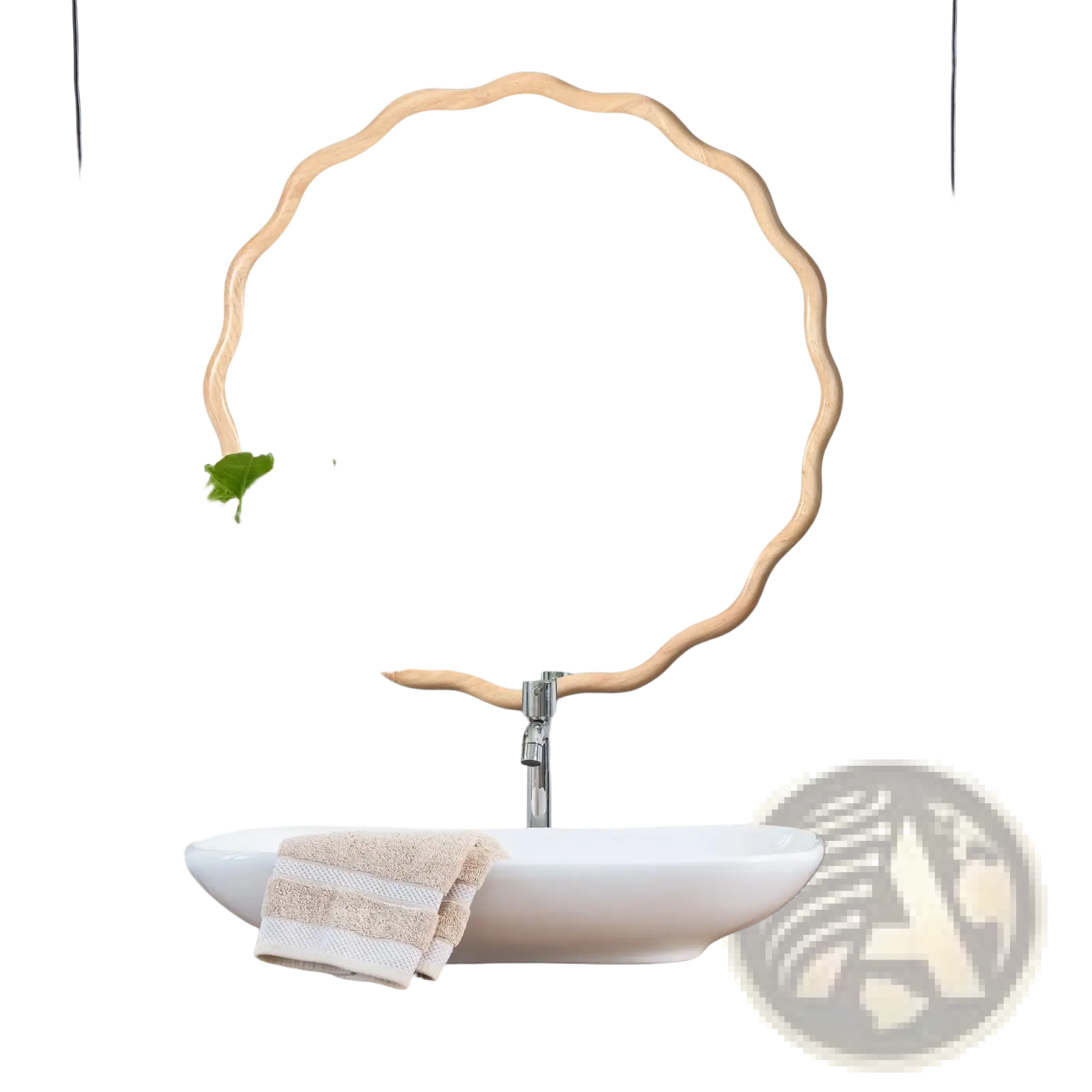 A solid wood wavy mirror with a scalloped edge and light wood frame measuring 31 inches in diameter