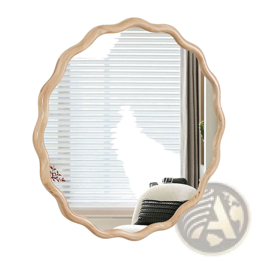 A solid wood 31 inch wavy oval mirror with a light wood frame, scalloped edge, and subtle red leaf detailing