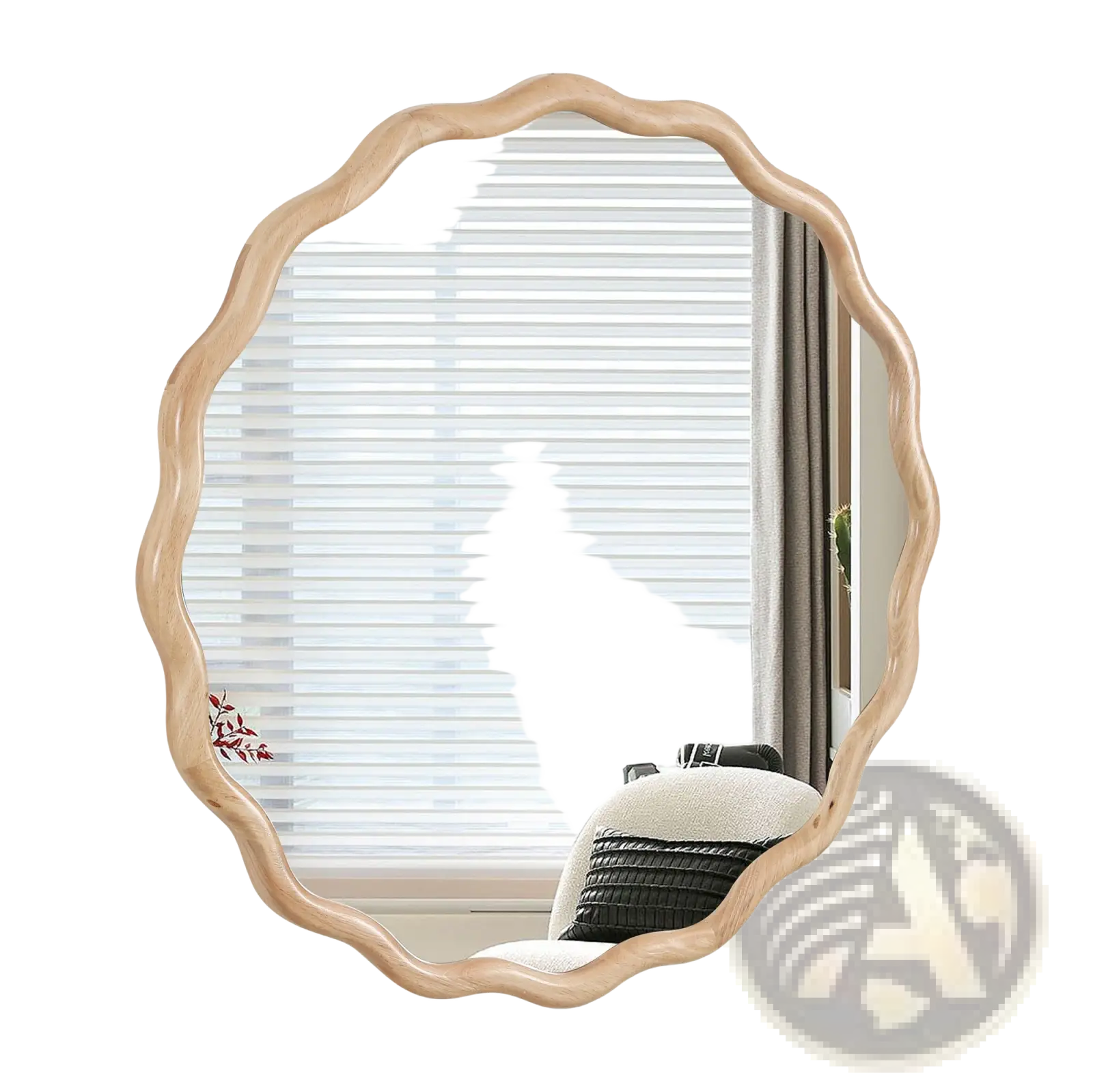 A solid wood 31 inch wavy oval mirror with a light wood frame, scalloped edge, and subtle red leaf detailing