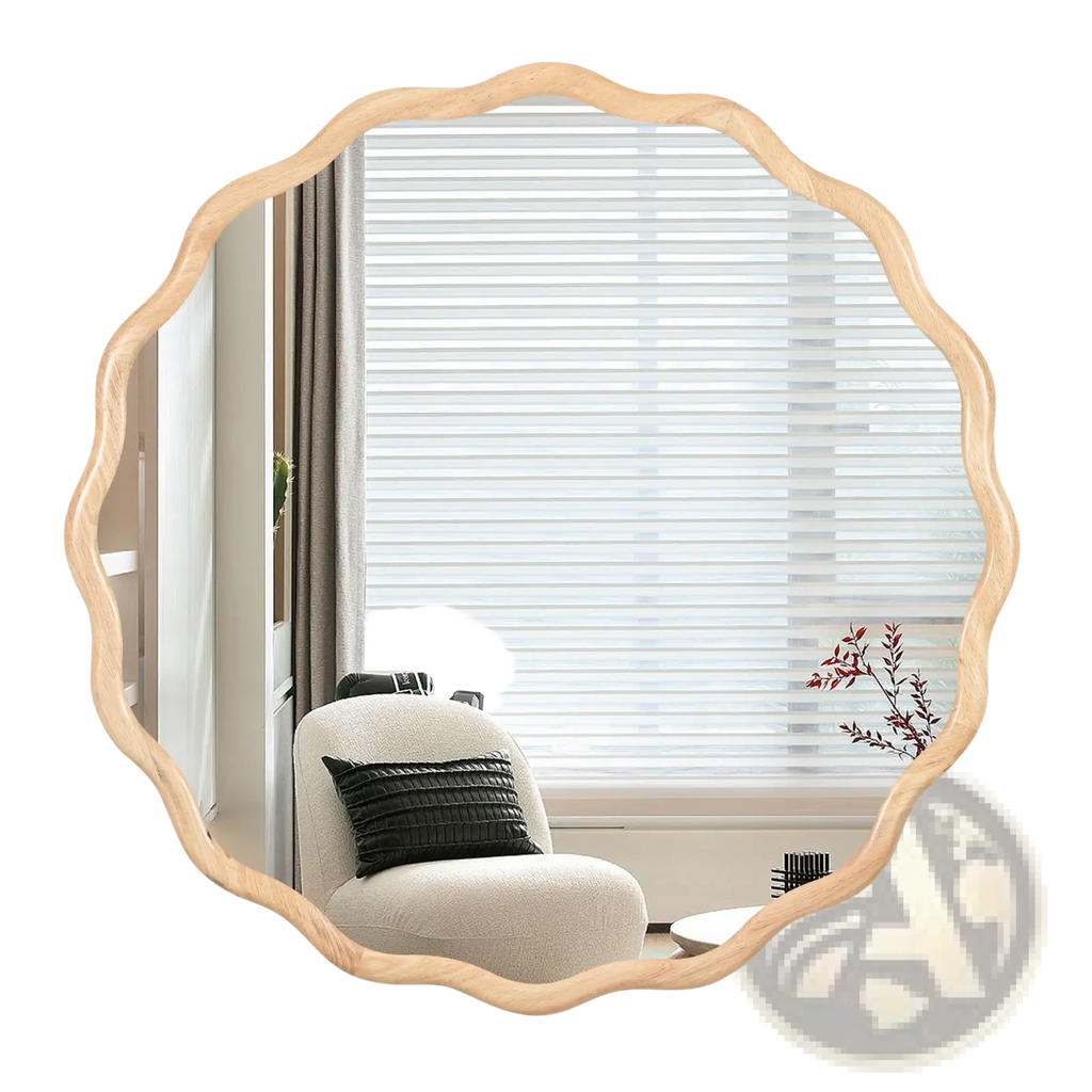 A round solid wood mirror with a light wood scalloped frame ideal for decorative wall use measuring 31 inches