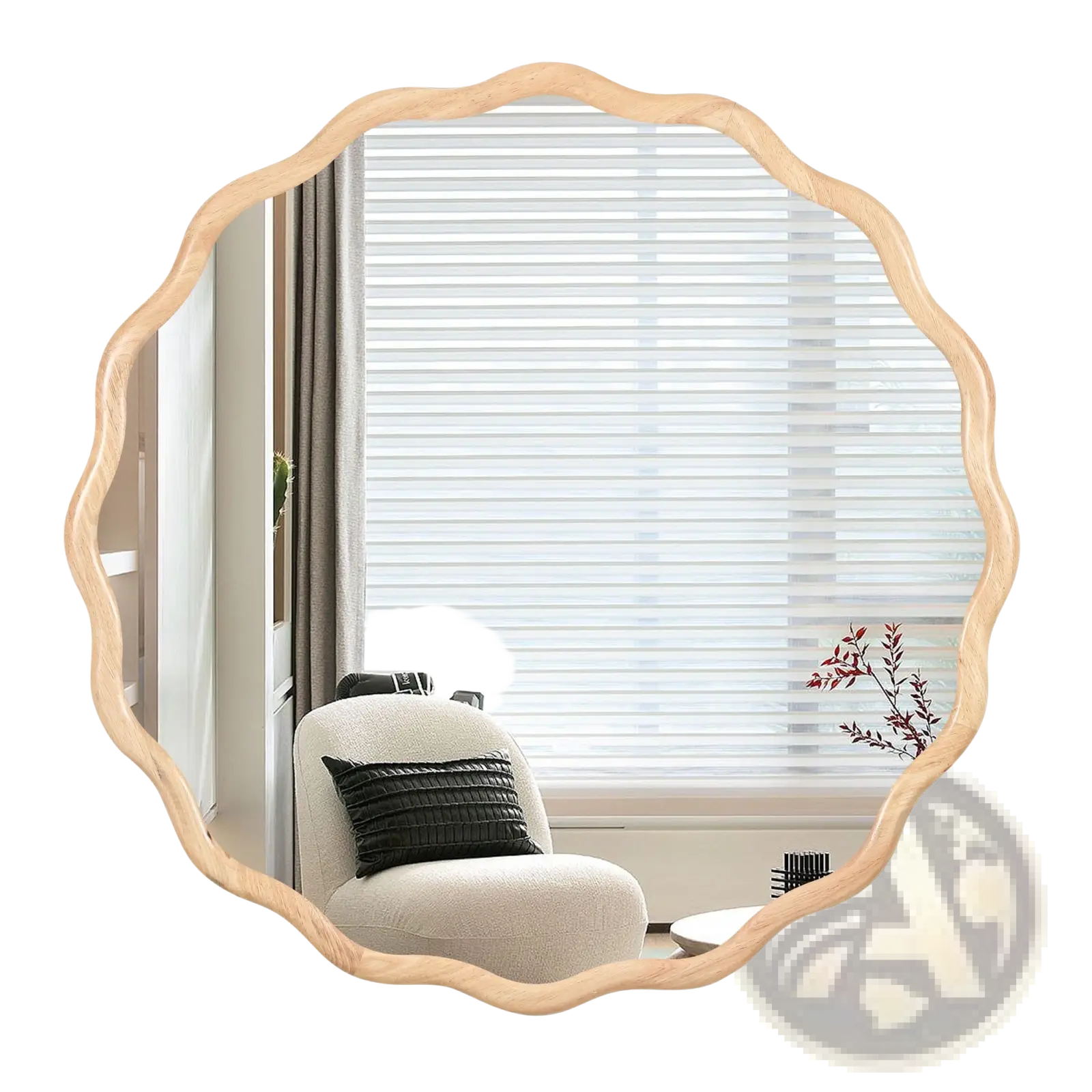 A round solid wood mirror with a light wood scalloped frame ideal for decorative wall use measuring 31 inches