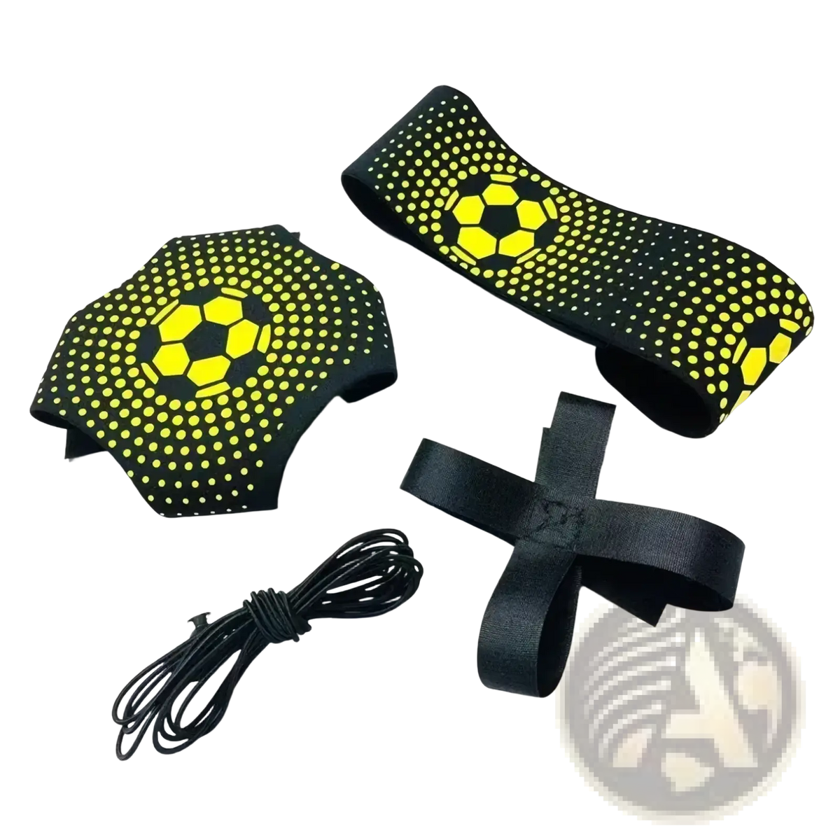 Black and neon yellow soccer-themed knee and ankle support straps with dotted pattern for solo football training aid