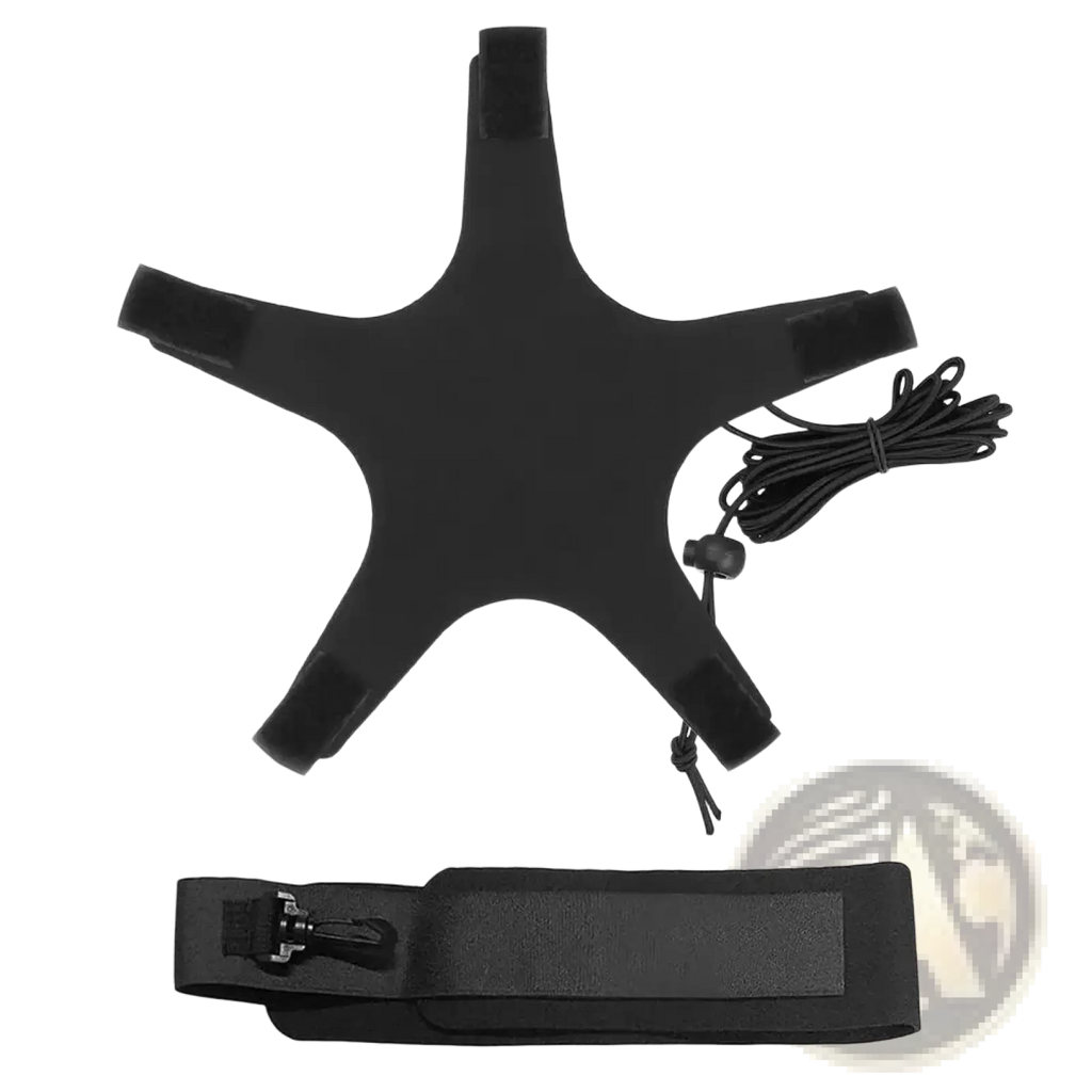 Black star-shaped headband with adjustable straps and coiled cord for solo football training aid with adjustable waist belt