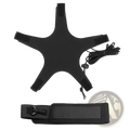 Black star-shaped headband with adjustable straps and coiled cord for solo football training aid with adjustable waist belt