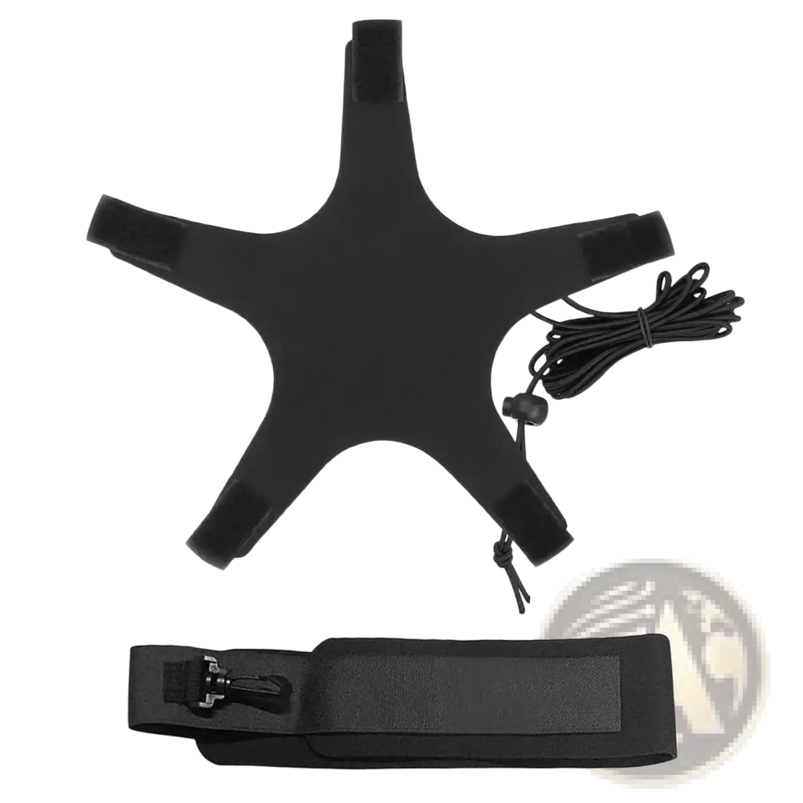 Black star-shaped headband with adjustable straps and coiled cord for solo football training aid with adjustable waist belt