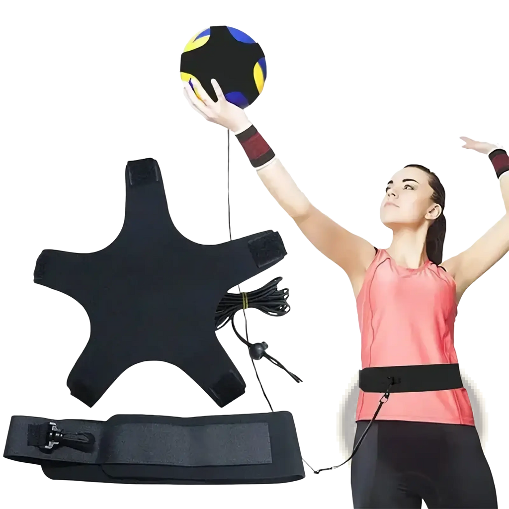 Black solo football training aid with adjustable waist belt resistance band system and colorful ball for sport-specific exercise