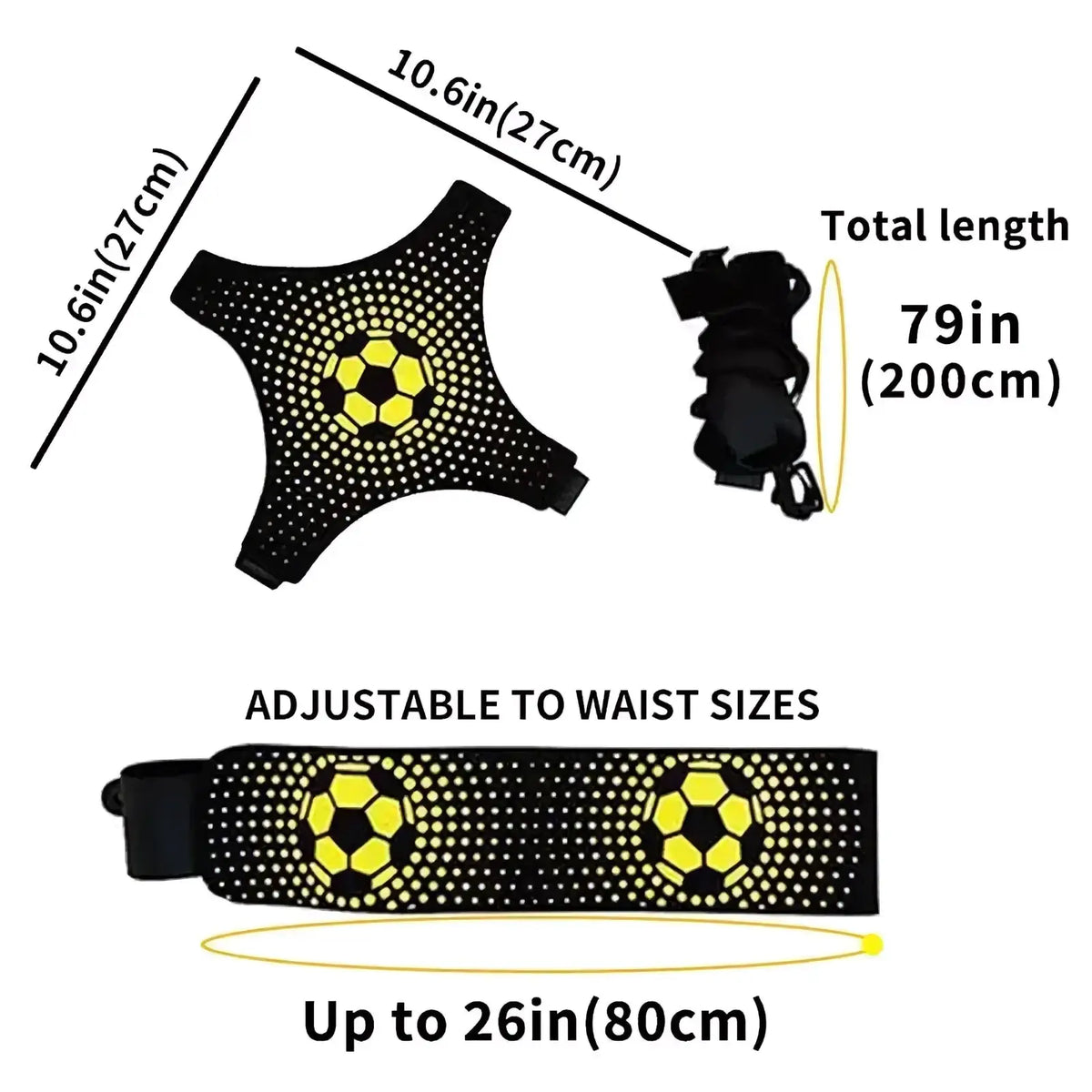 Black adjustable waist support belt with yellow soccer ball designs and perforated texture for solo football training aid