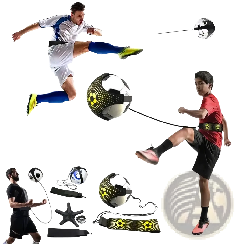 Black and yellow solo football training aid with adjustable waist belt and strap for kicking drills