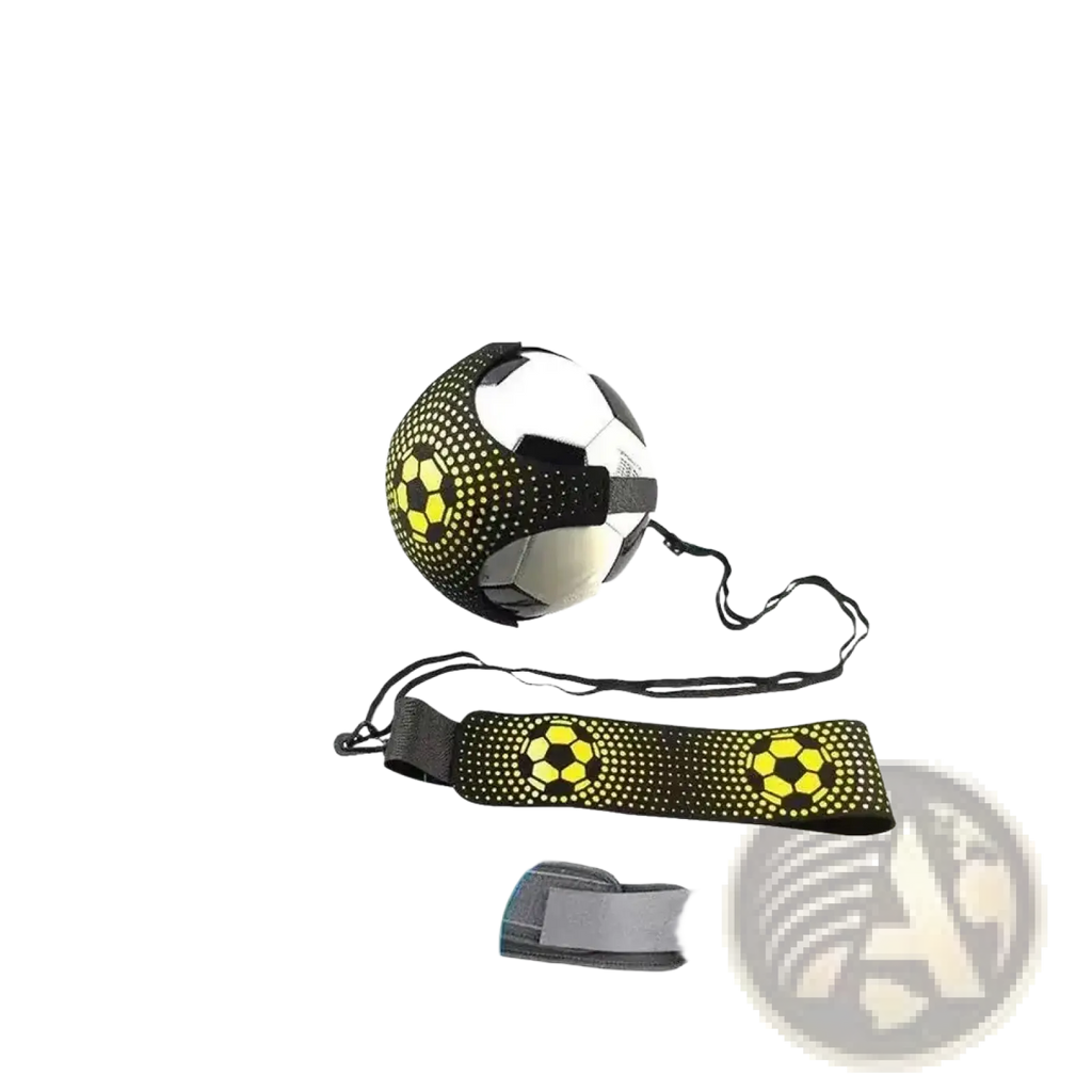 Yellow and black solo football training aid with adjustable waist belt elastic band and removable rotating clasp