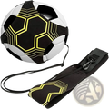 Solo soccer kick trainer adjustable practice belt featuring a black and white soccer ball with neon yellow geometric patterns wrapped in a matching strap