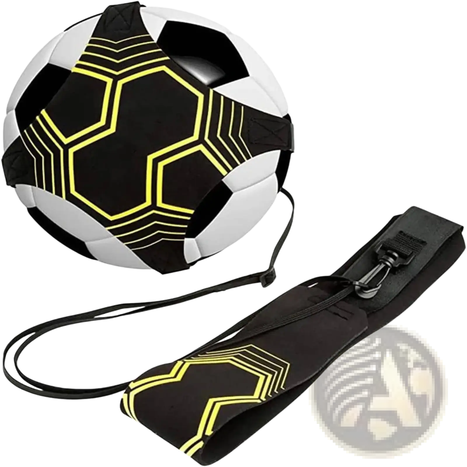 Solo soccer kick trainer adjustable practice belt featuring a black and white soccer ball with neon yellow geometric patterns wrapped in a matching strap