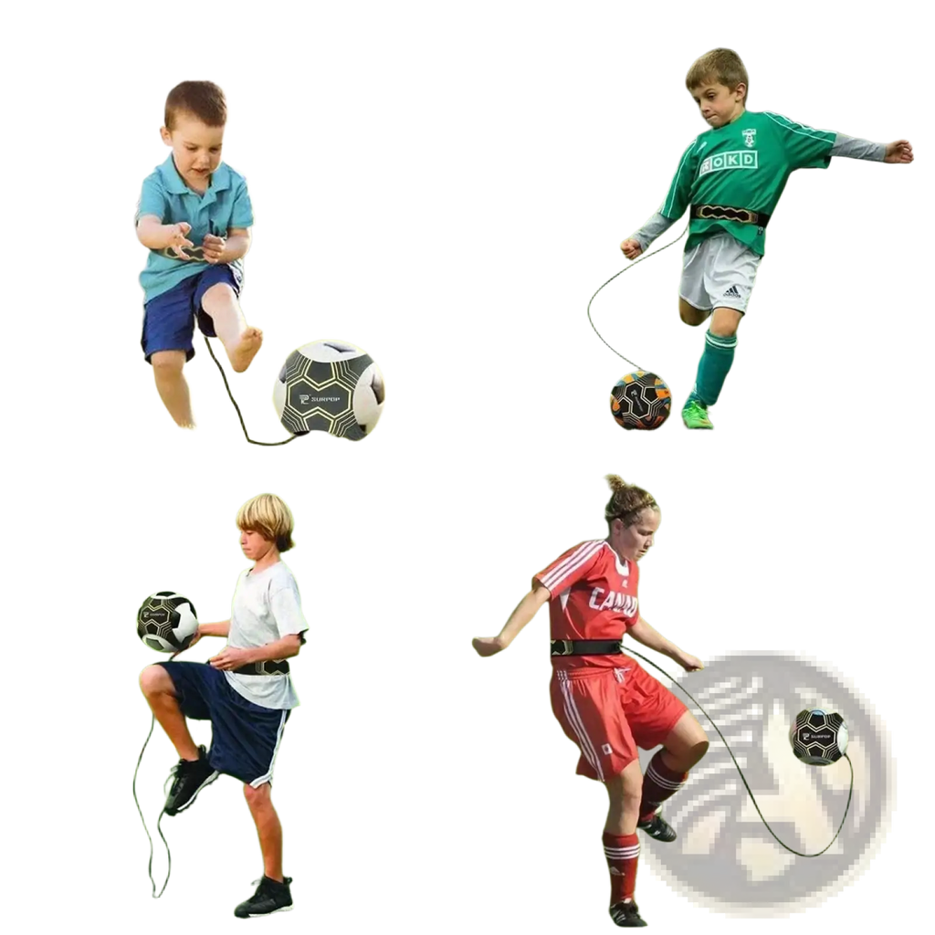 Black and white soccer ball with black cord attached for the solo soccer kick trainer adjustable practice belt