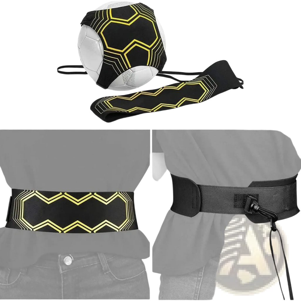 Solo soccer kick trainer adjustable practice belt in black and yellow geometric pattern with adjustable strap, front view