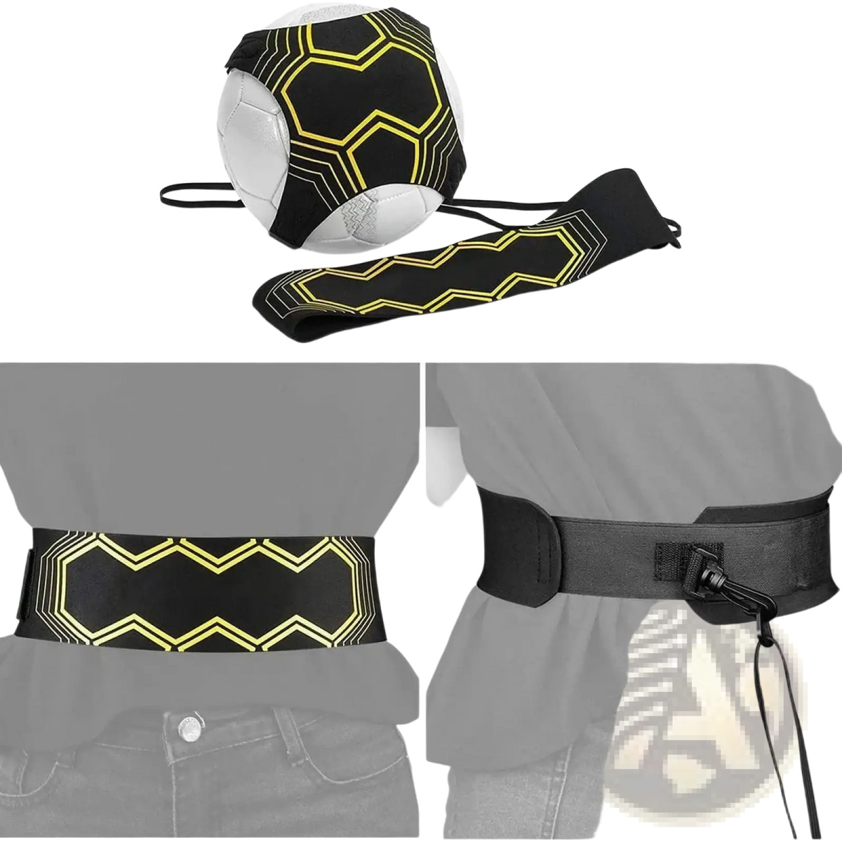 Solo soccer kick trainer adjustable practice belt in black and yellow geometric pattern with adjustable strap, front view