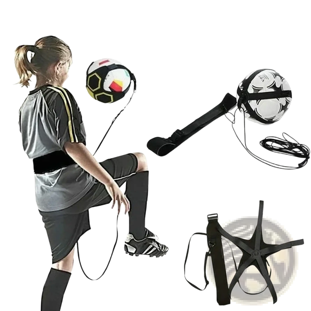 Black solo soccer kick trainer belt with adjustable straps and coiled cord for skill training and ball control