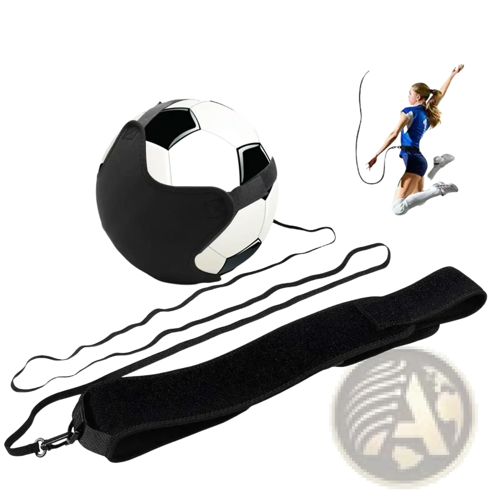 Black soccer ball with strap and cord attached designed for training use in the solo soccer kick trainer belt product