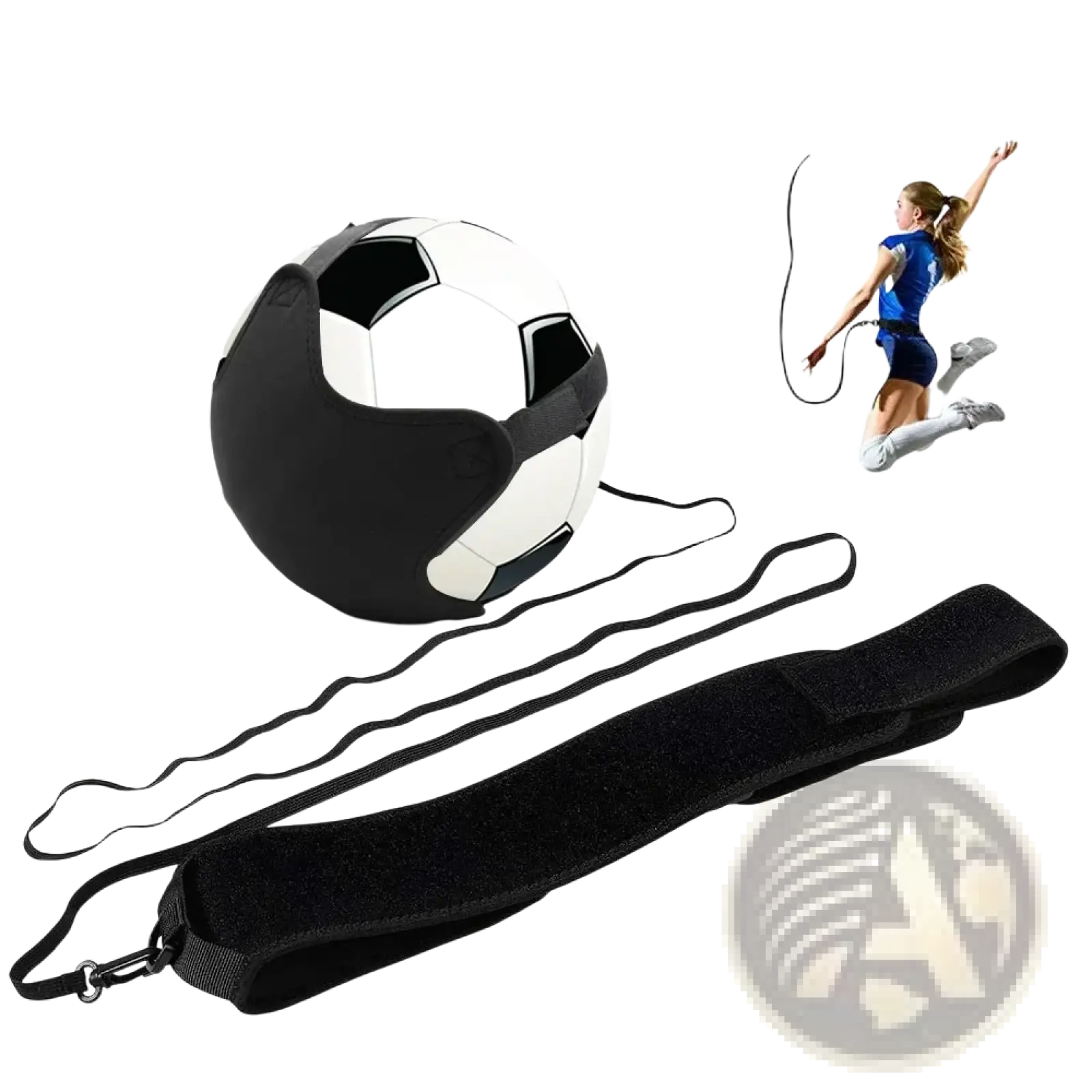 Black soccer ball with strap and cord attached designed for training use in the solo soccer kick trainer belt product