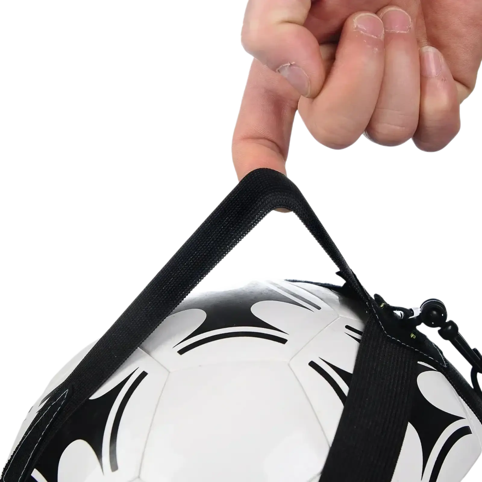 Solo soccer kick trainer belt with black fabric strap reinforced stitching and plastic buckle securing white soccer ball