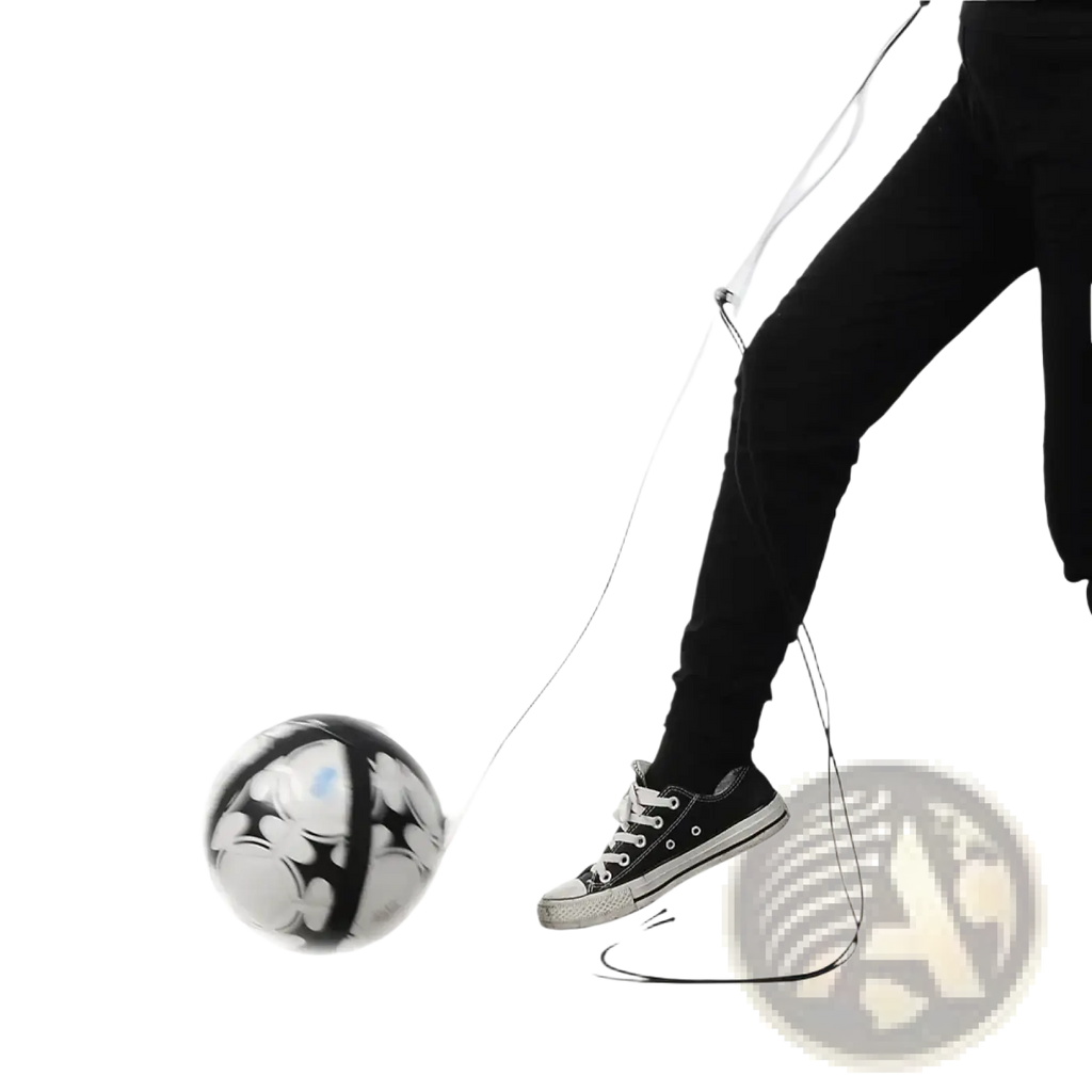 Solo soccer kick trainer belt featuring a glossy black and white soccer ball with bold black patterns on its surface