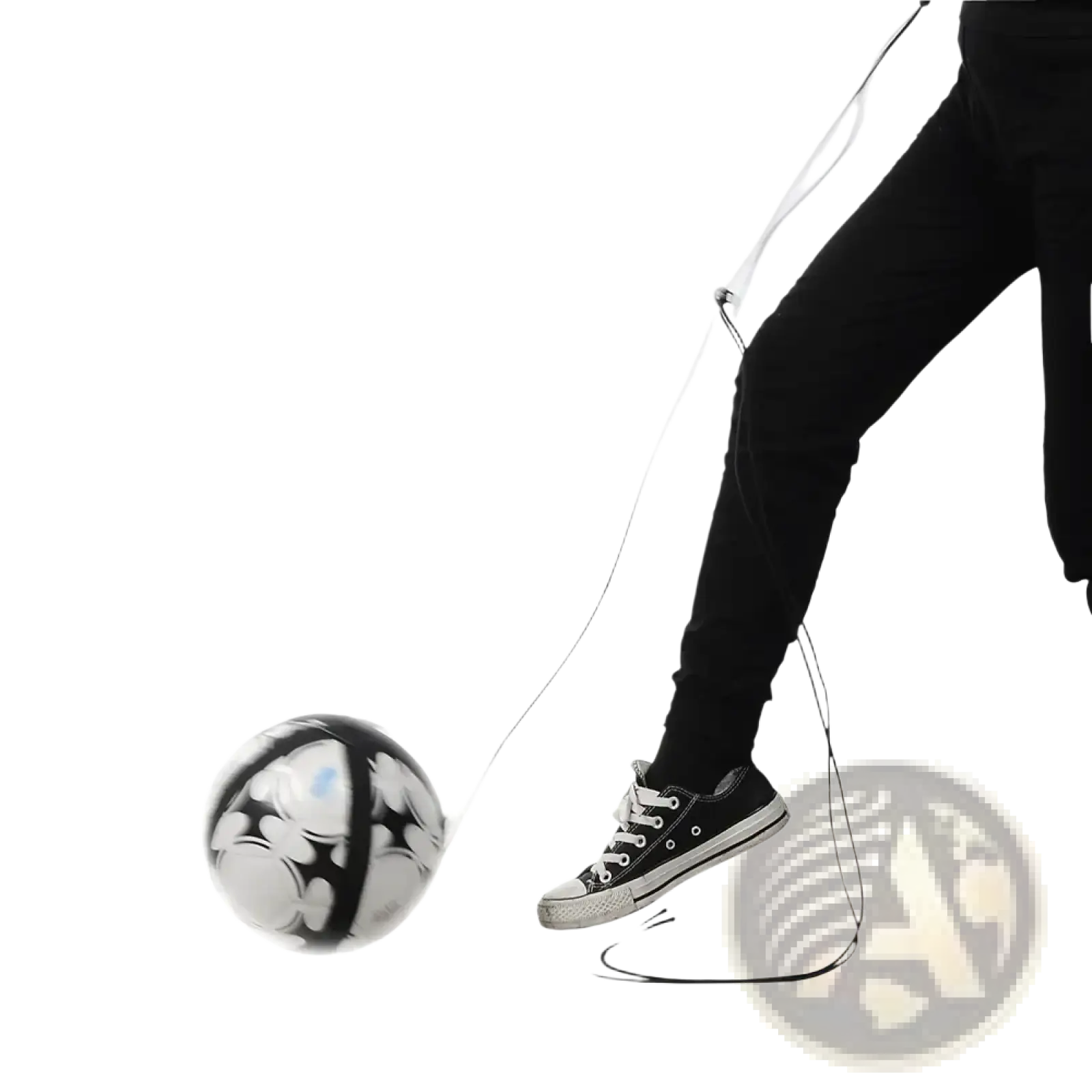 Solo soccer kick trainer belt featuring a glossy black and white soccer ball with bold black patterns on its surface