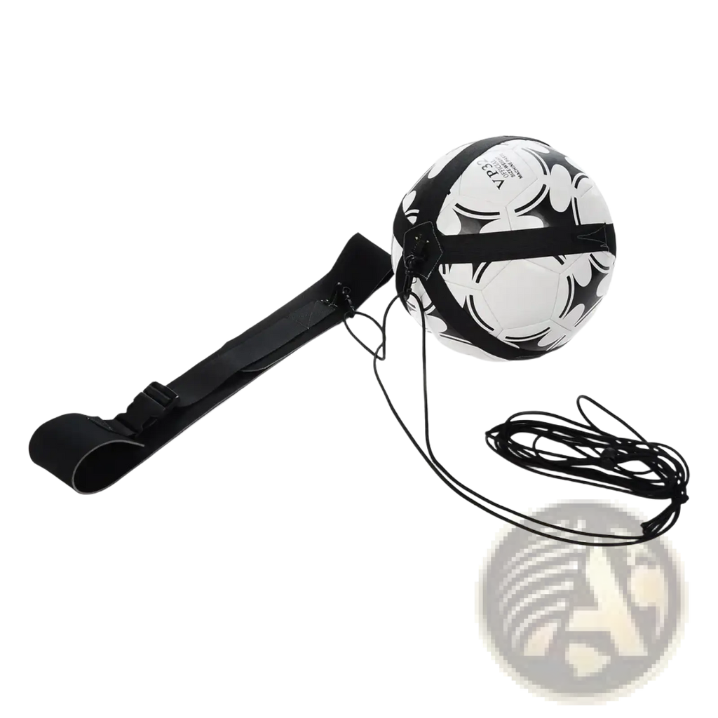Black and white patterned soccer ball attached to a black strap and cord for the Solo Soccer Kick Trainer Belt headband