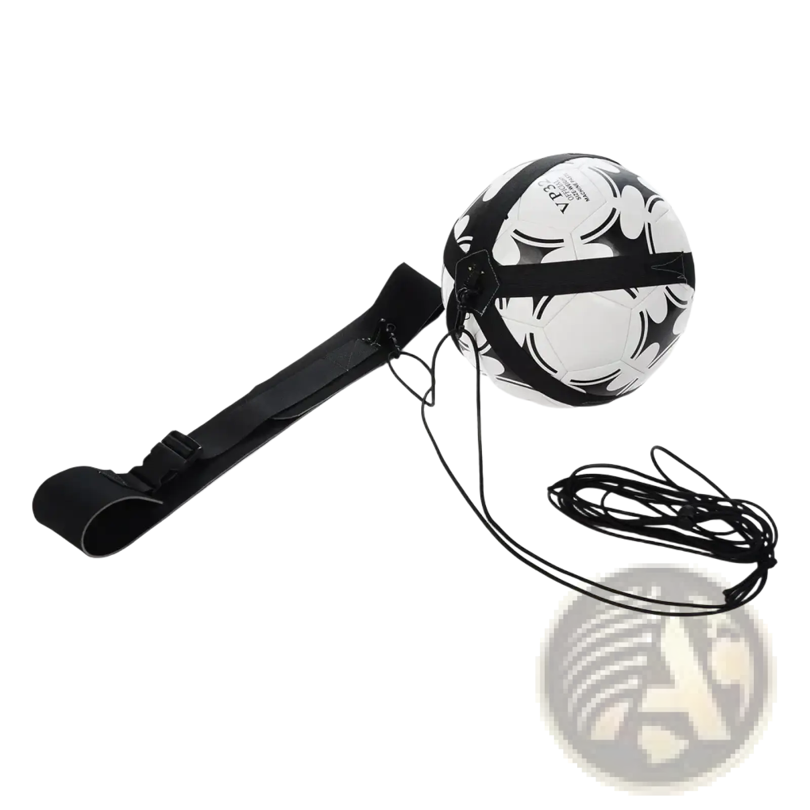 Black and white patterned soccer ball attached to a black strap and cord for the Solo Soccer Kick Trainer Belt headband