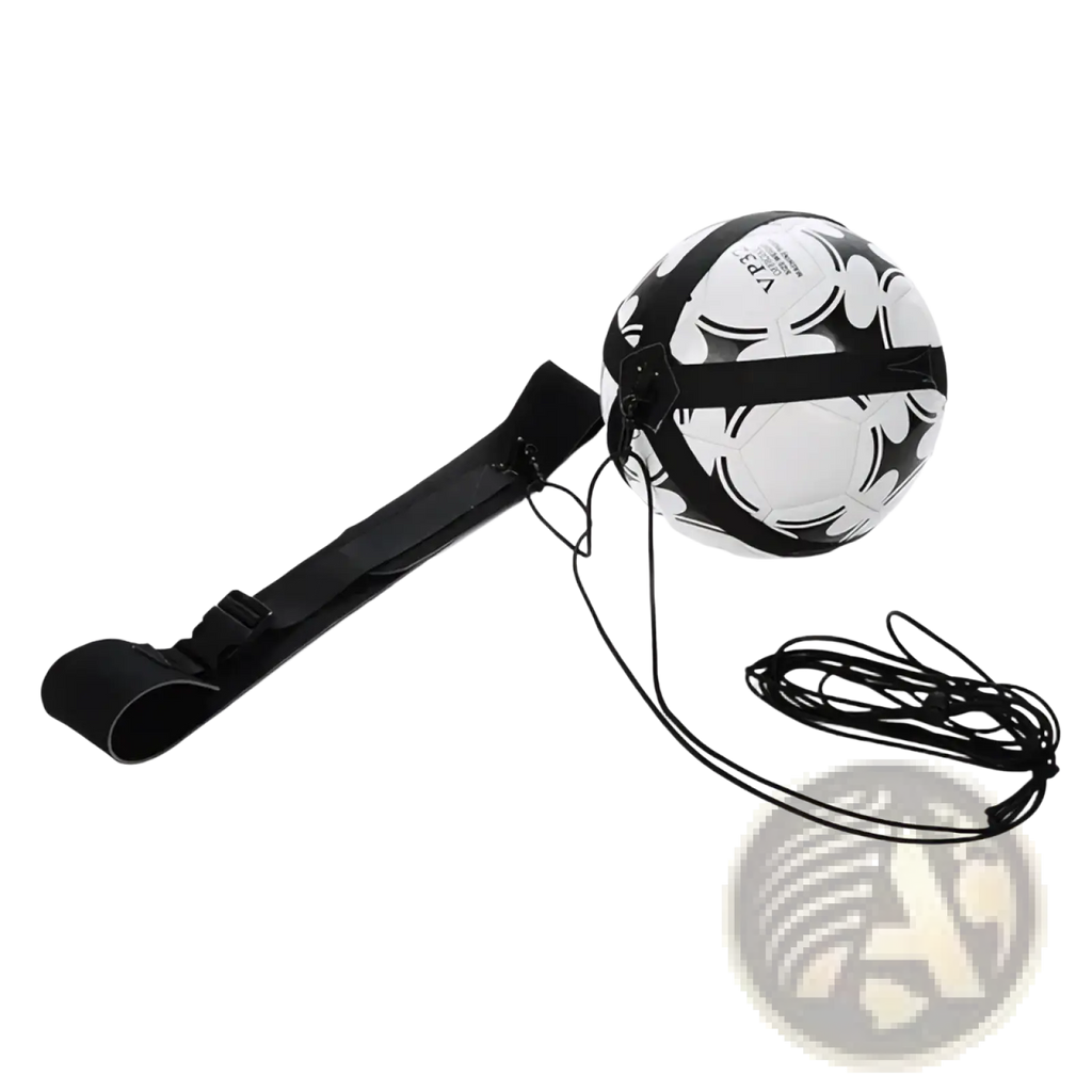 Solo soccer kick trainer belt featuring a black and white patterned soccer ball attached to an adjustable black strap with coiled cord