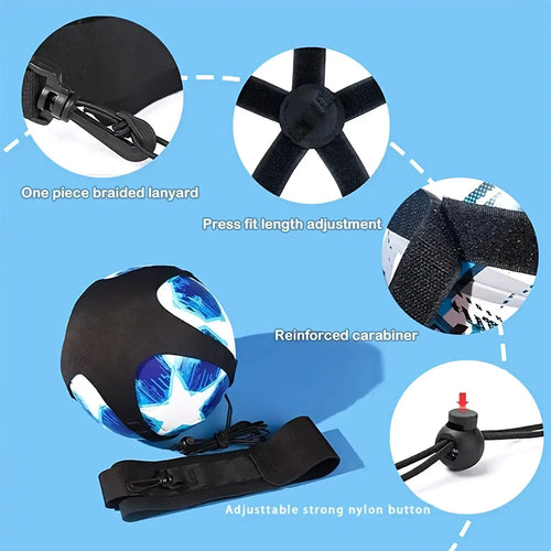 Black neoprene solo soccer training belt with blue and white star design, adjustable straps and reinforced carabiner