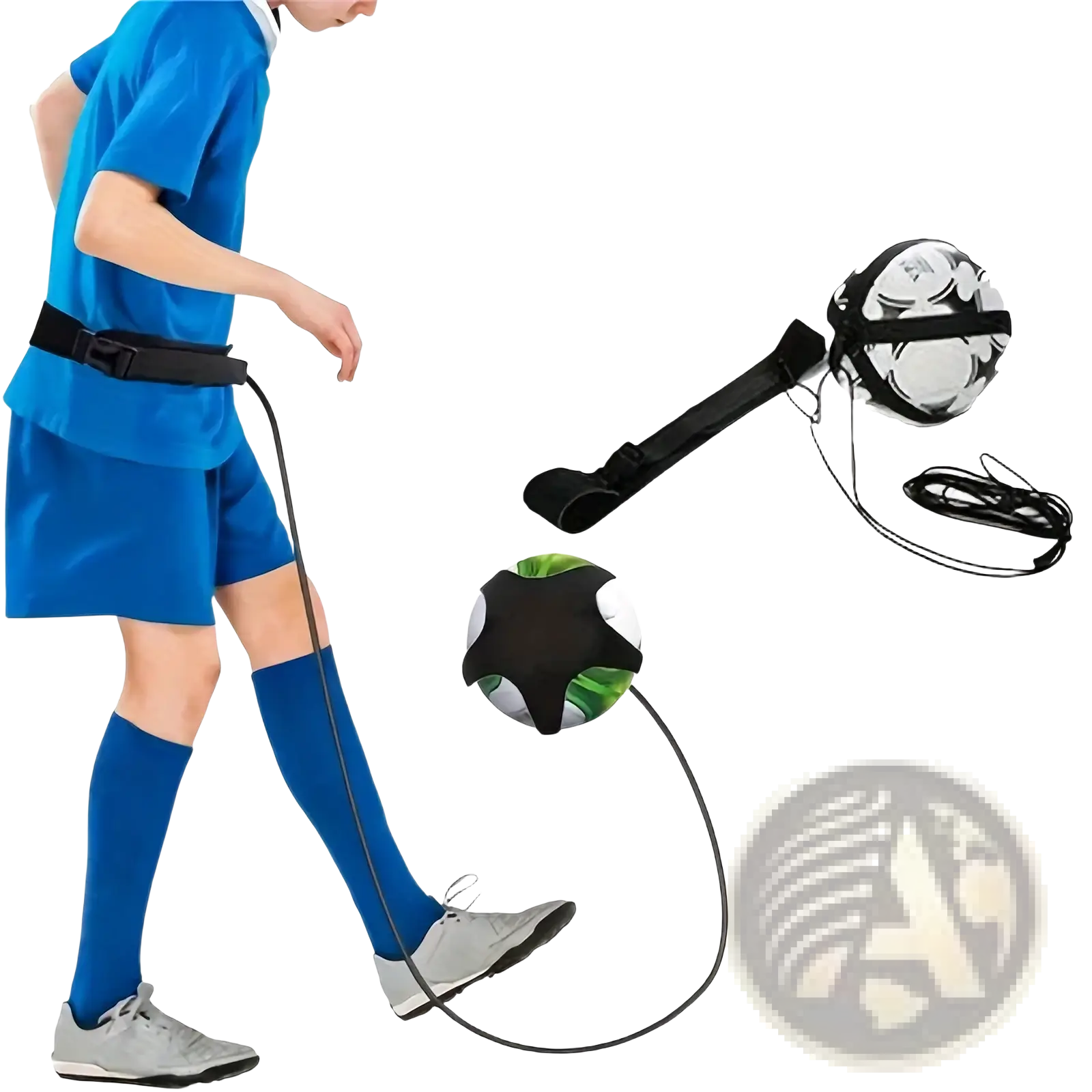 Solo soccer training belt ball control practice aid with black and green soccer ball and adjustable strap system