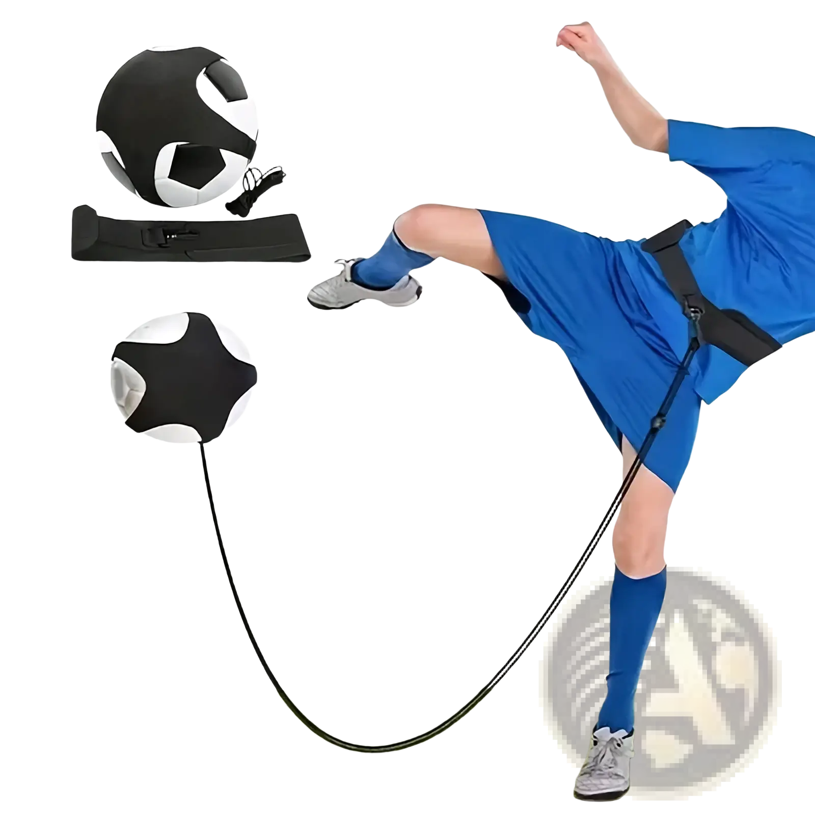 Solo soccer training belt ball control practice aid with black and white ball attached by black strap to adjustable belt