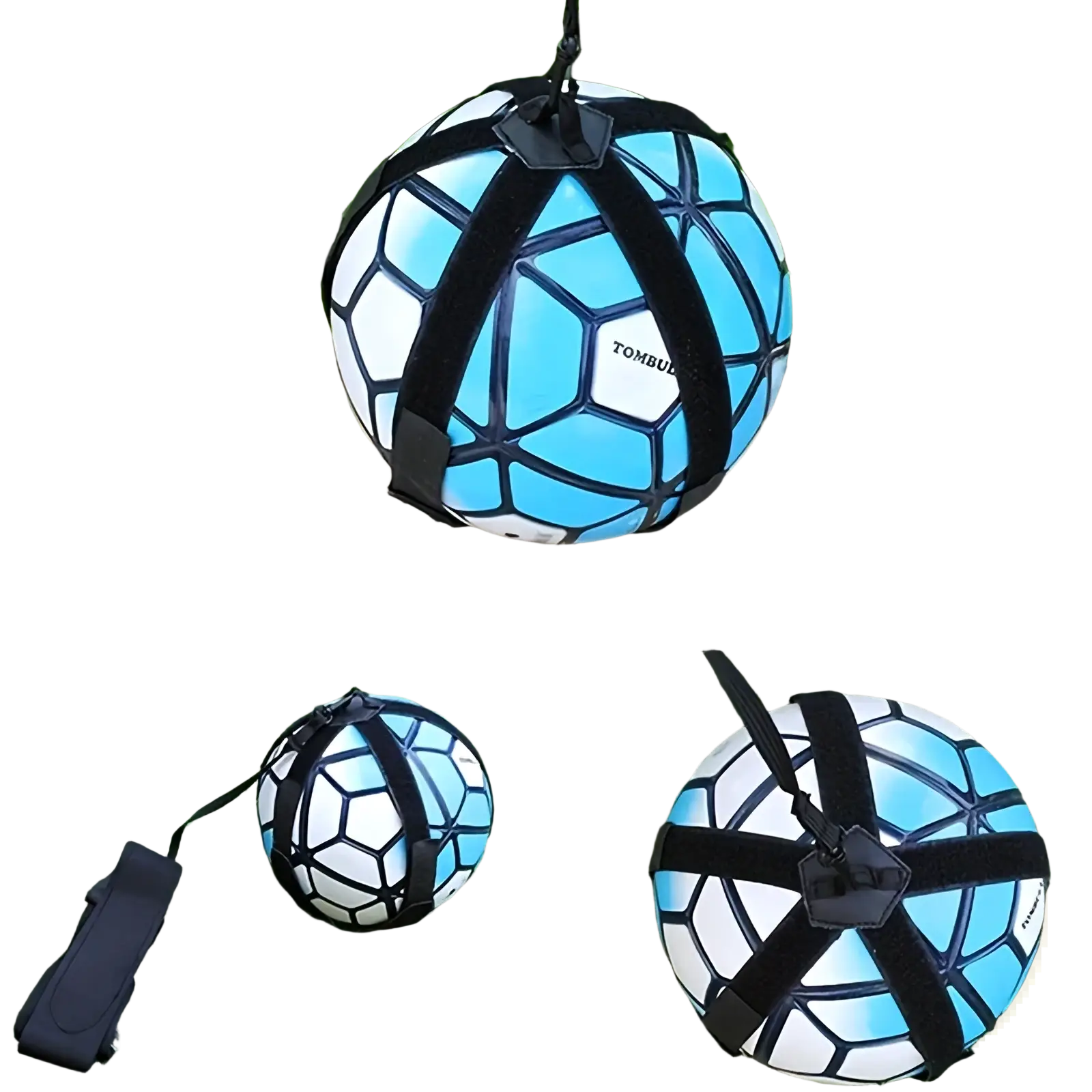 Solo soccer training belt ball control practice aid featuring a light blue and white soccer ball with black hanging straps and geometric pattern