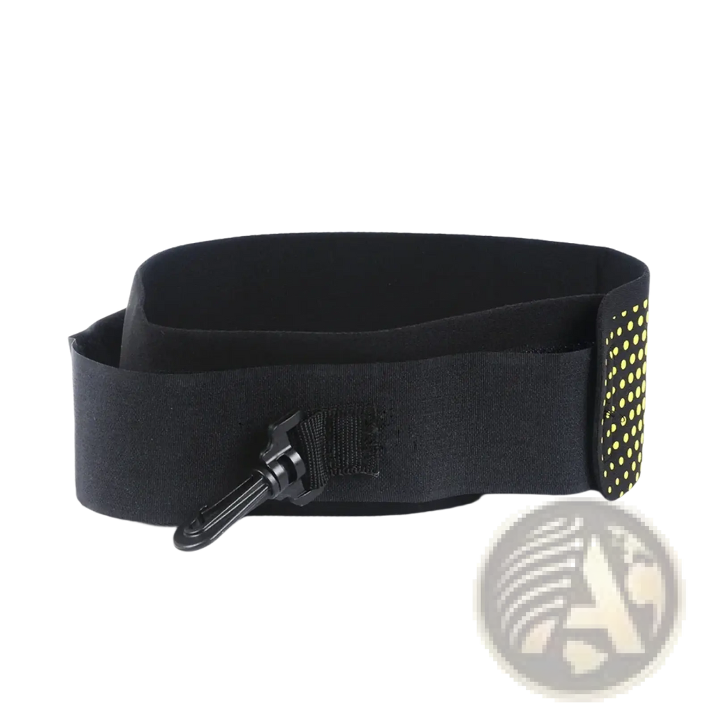 Black elastic solo soccer training belt kick trainer with neon yellow dotted pattern and black carabiner clip