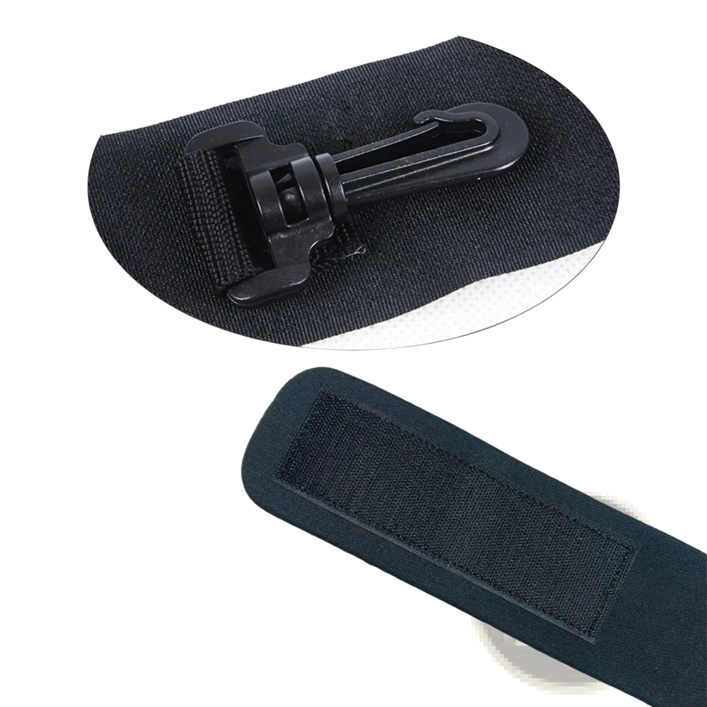 Black nylon strap with black plastic carabiner clip and velcro patch for solo soccer training belt kick trainer