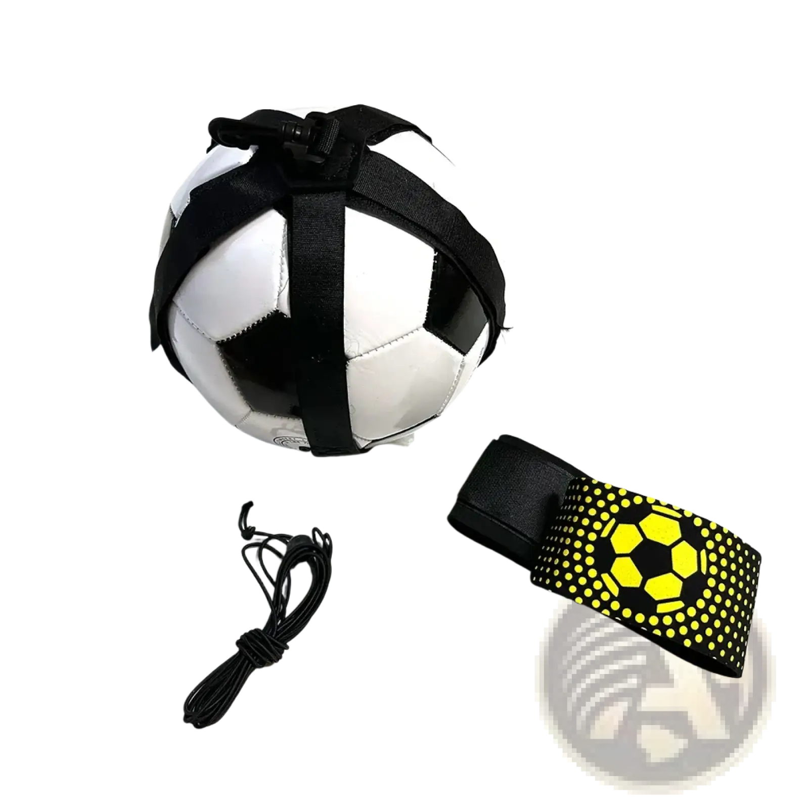 Black and white soccer ball with black strap harness attached for solo soccer training belt kick trainer use