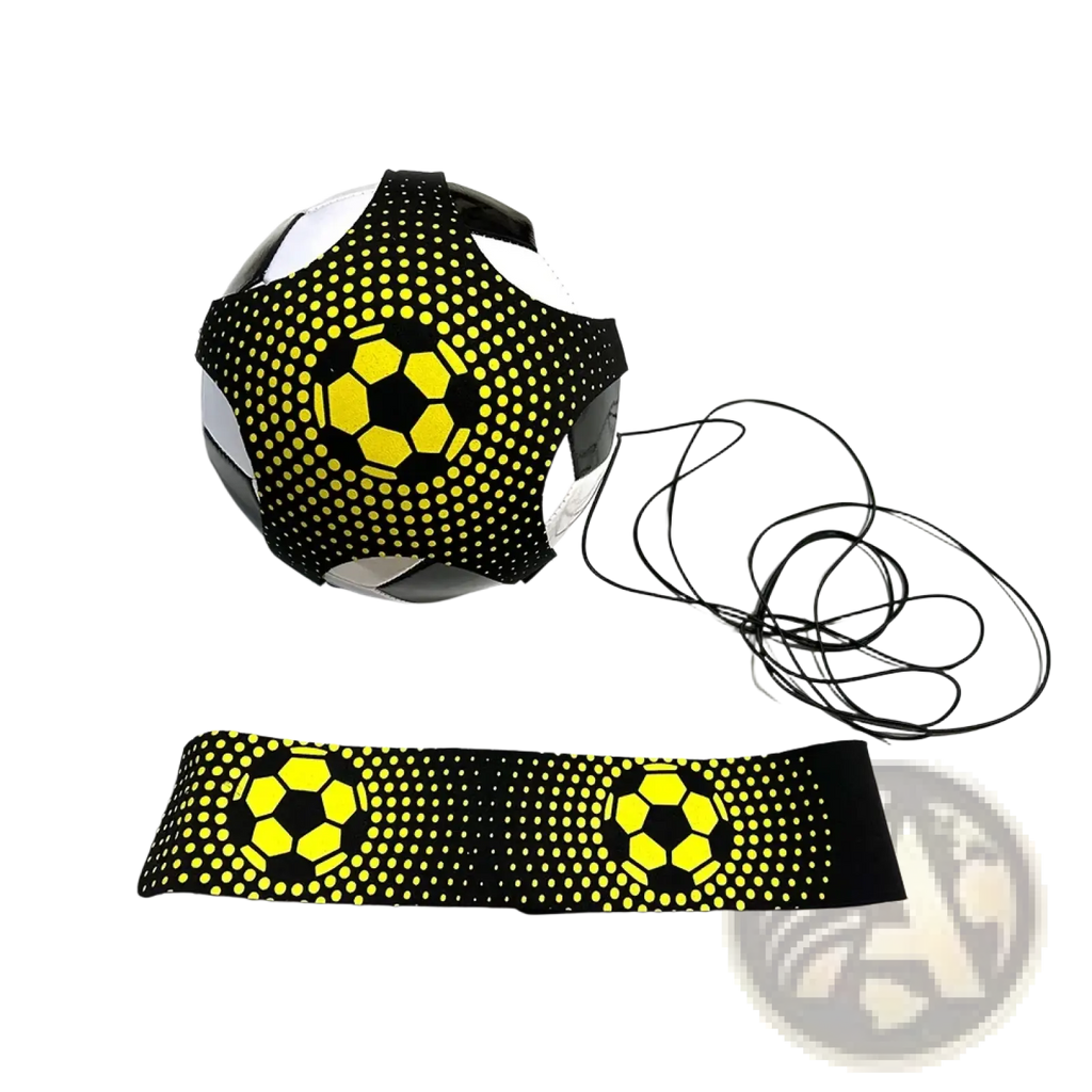 Black and yellow dotted soccer ball wrapped in matching elastic band for solo soccer training belt kick trainer use