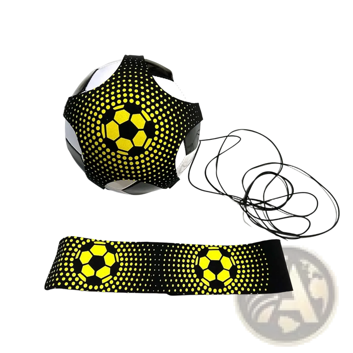 Black and yellow dotted soccer ball wrapped in matching elastic band for solo soccer training belt kick trainer use