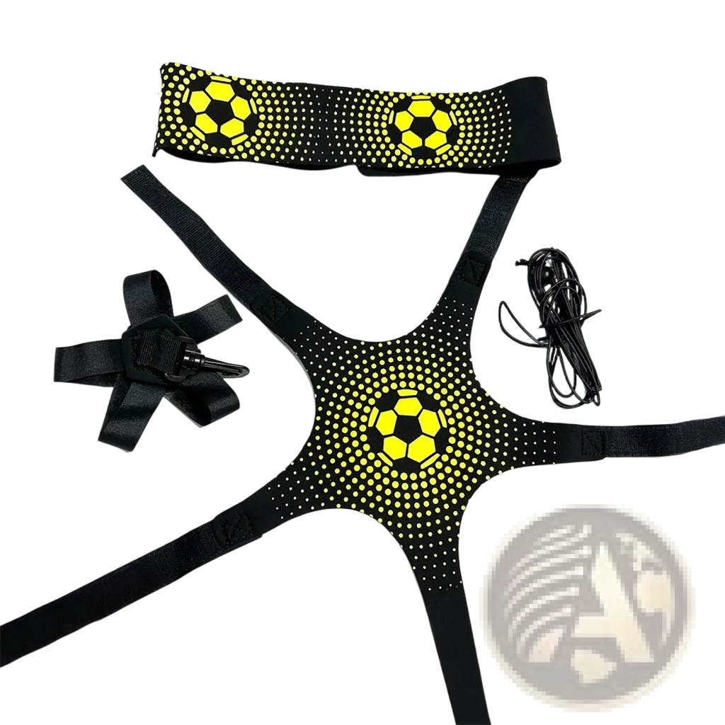 Solo soccer training belt kick trainer featuring black and neon yellow dotted soccer-themed harness for skill improvement