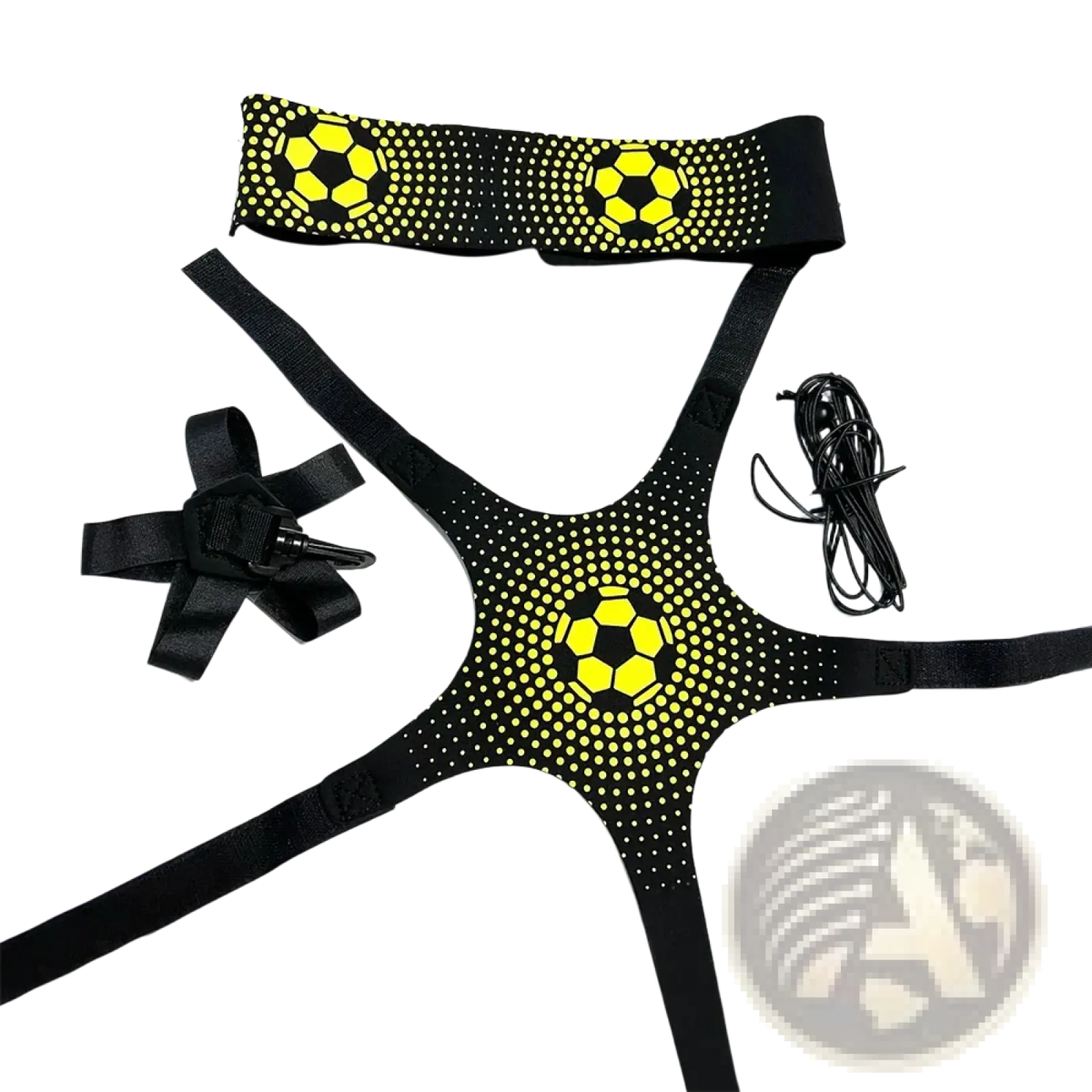 Solo soccer training belt kick trainer featuring black and neon yellow dotted soccer-themed harness for skill improvement