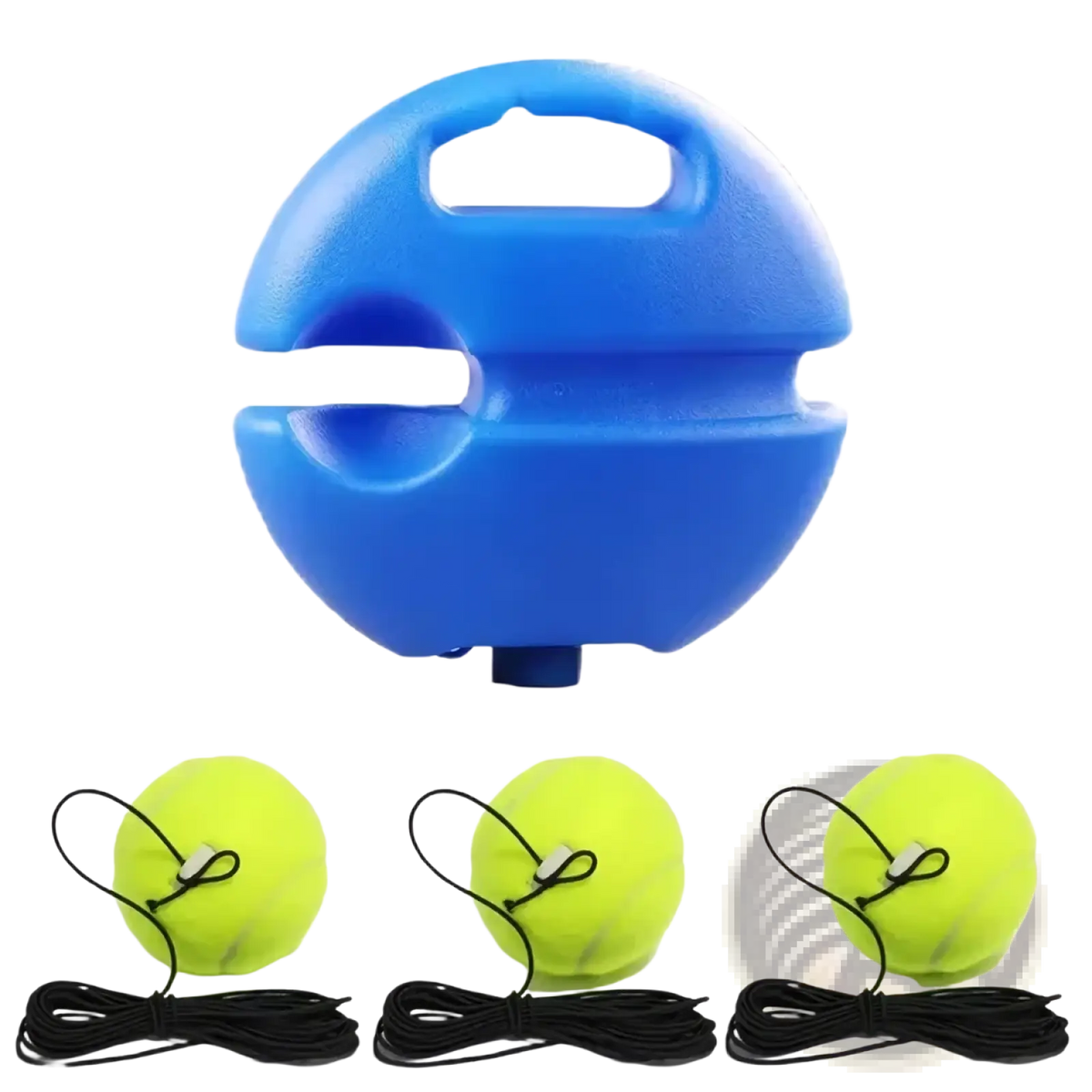 Blue plastic solo tennis trainer rebound ball set with three yellow tennis balls and black cords for practice use