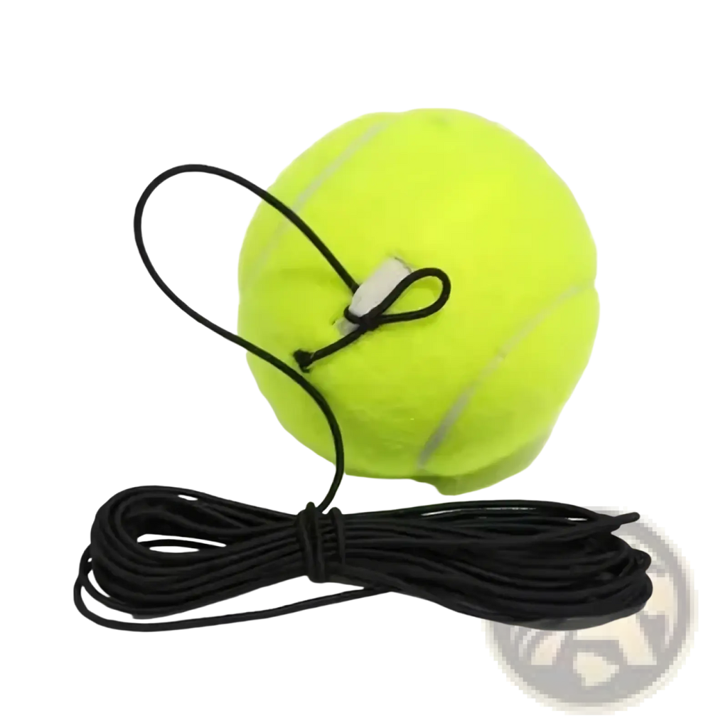 Bright yellow solo tennis trainer rebound ball with black cord and white plastic clip for secure attachment
