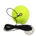 Bright yellow solo tennis trainer rebound ball with black cord and white plastic clip for secure attachment