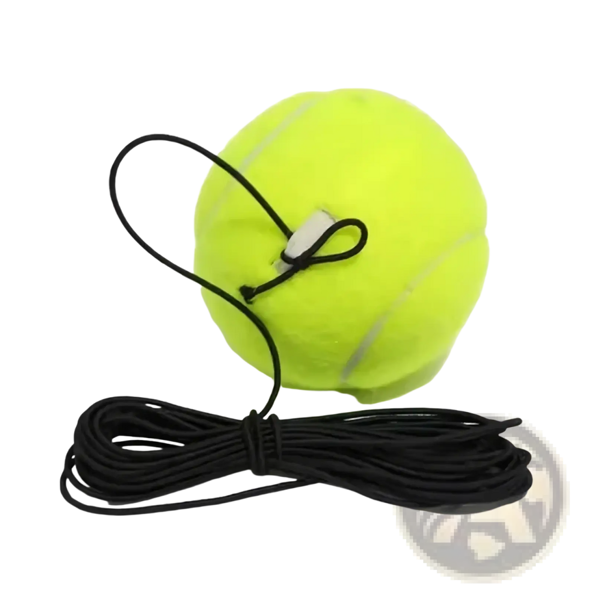 Bright yellow solo tennis trainer rebound ball with black cord and white plastic clip for secure attachment