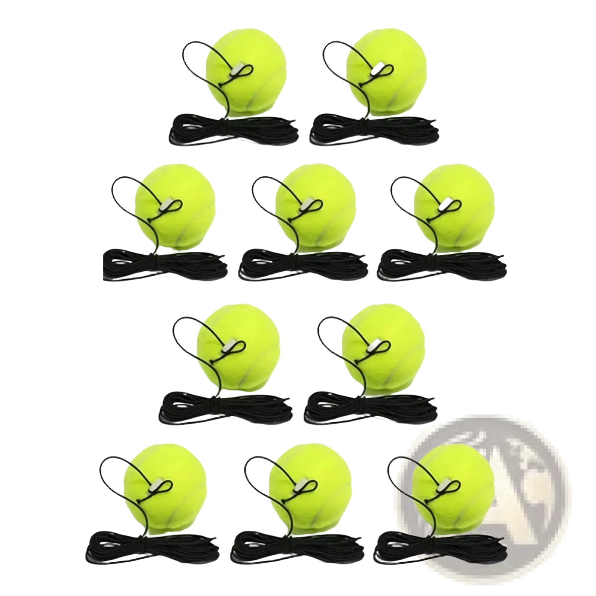Bright yellow tennis balls with black strings for solo tennis trainer rebound ball set use