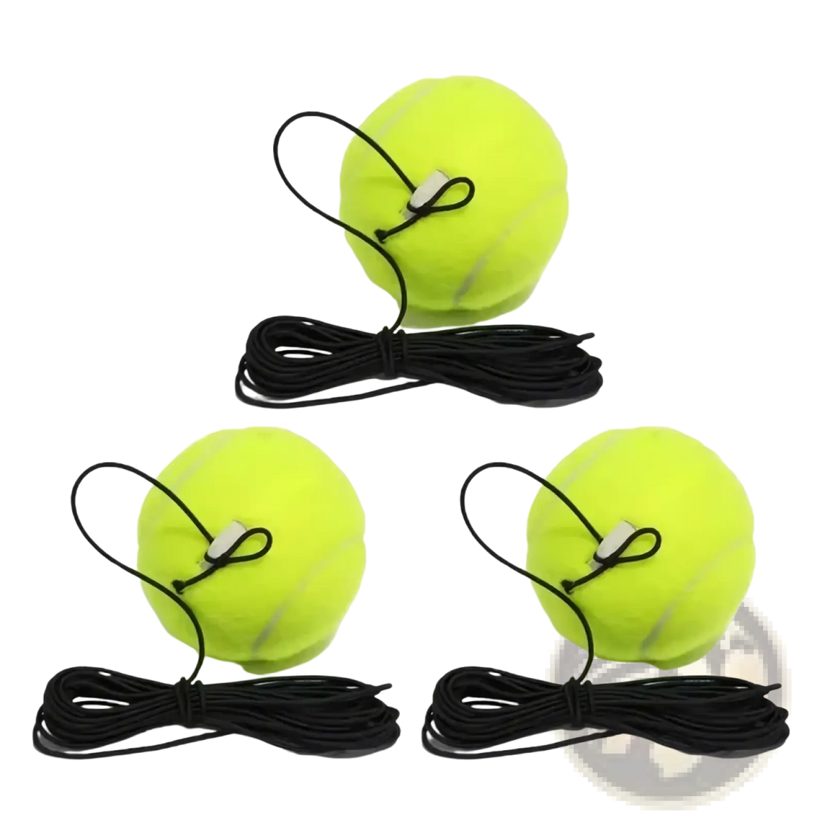 Set of three bright yellow Solo tennis trainer rebound balls with black cord and white plastic clips for practice
